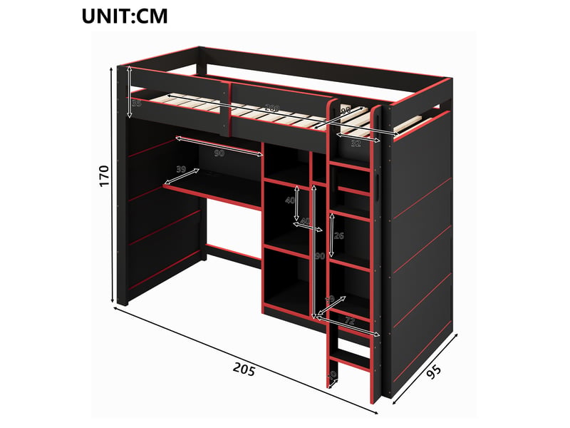  Lit mezzanine 90 × 200 cm 1 place avec bureau, armoire ouverte, led et usb, sans matelas, en mdf, noir et rouge  - Conforama D
