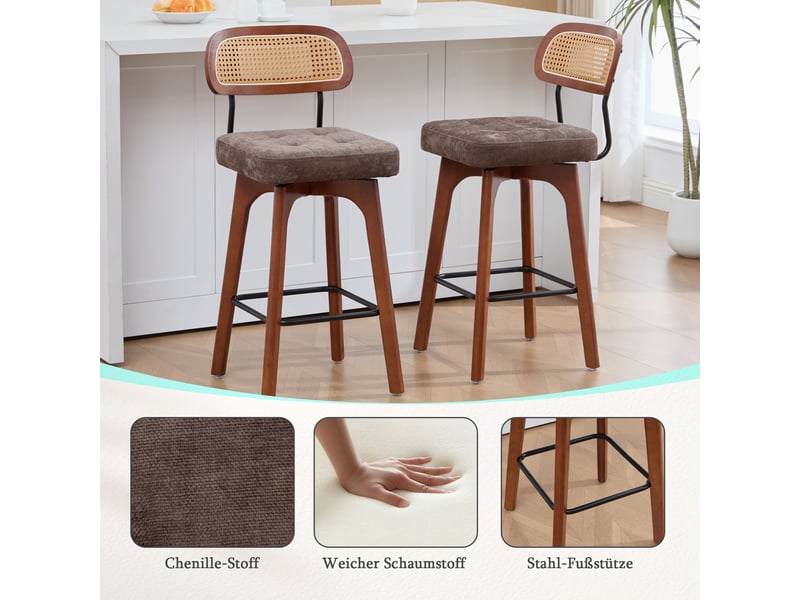  Lot de 2 tabourets de bar pivotants à 360° en tissu chenille et rotin marron W3056P520507 - Conforama D
