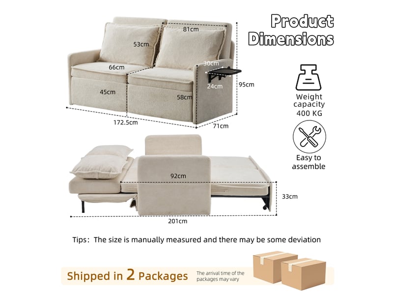 Canapé convertible 3-en-1 à dossier réglable avec rangements - ports usb-c, chenille - beige - Conforama D