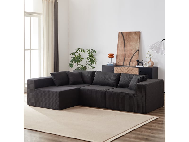  Canapé d'angle modulable 4 places en velours côtelé noir evryae  - Conforama D