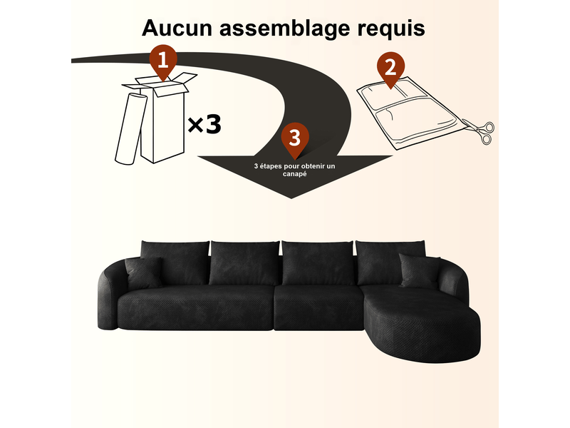  Canapé d'angle fixe droit 4 places en tissu noir 336 x 168 cm compressé sans assemblage pour salon W3428S00050 - Conforama D
