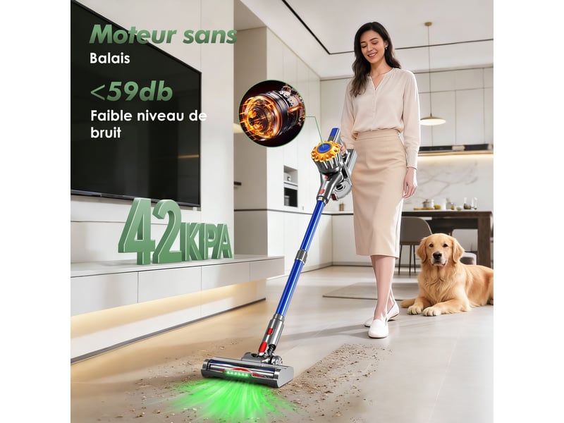 Aspirateur balai auto-portant puissant sans fil42kpa, 60 min d'autonomie, 2 vitesses, 6 en 1, capacité 1,6l, lumière verte  - Conforama B