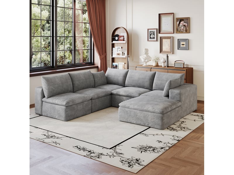  Canapé modulaire 6 places avec coussins amovibles et soutien en mousse, en velours côtelé gris foncé, 260 × 250 cm  - Conforama D