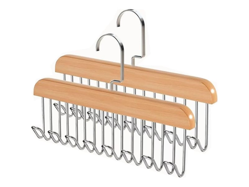  Lot de 2 porte-ceintures, en bois, avec 8 crochets, rotatifs à 360 °, gain de place, pour écharpes, cravates, ceintures (couleur bois)  - Conforama A