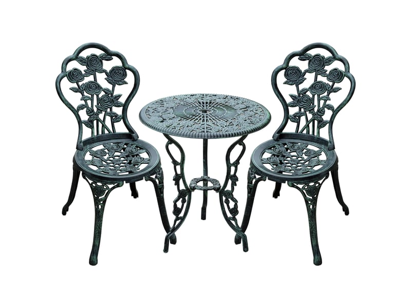 Salon de jardin bistrot 3 pièces ø60 cm – vert antique – table ronde avec décor floral et 2 chaises - Conforama A
