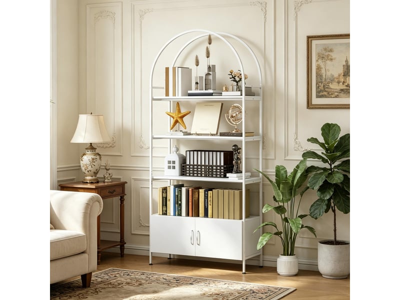 Bibliothèque arquée 4 niveaux avec armoire à double porte, rangement pour salon et bureau  - Conforama E