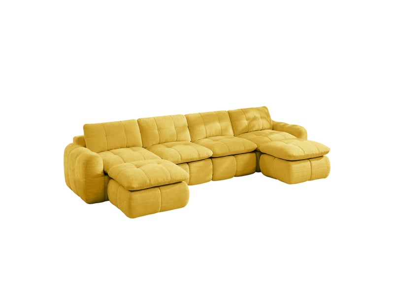 Canapé modulable sans cadre en u 4 places jaune, chenille, capitonnage quadrillé, assise profonde, avec 2 poufs, sans montage - Conforama A