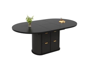 Table à manger ovale extensible 118-158x118x76.8cm pour 4 à 6 personnes, rangements rabattables, 2 tiroirs, reliefs verticaux et poignées métal, noir