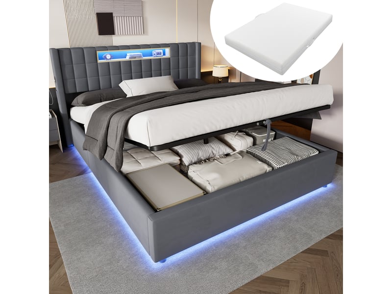  Lit pour enfant 160 × 200 cm 2 places avec matelas et fonction de recharge, lit rembourré avec compartiments ouverts et éclairage led, lit double avec coffre de rangement, gris  - Conforama B