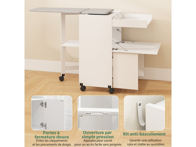  Meuble à repasser, table à repasser pliante sur roulettes avec portes par pression, blanc, charnières à fermeture douce  - Conforama W