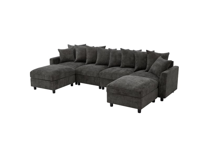  Canapé d’angle modulable 6 places 283x153,5 cm – gris – usbtype-c, 2 poufs et coussins mobiles  - Conforama A