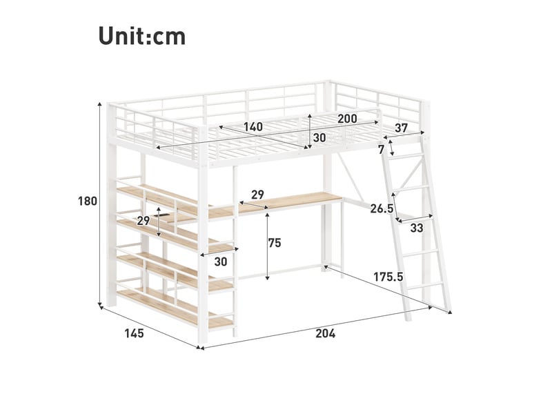  Lit mezzanine double 140×200 cm avec bureau, étagères, led et usb - okmyhome- blanc, sans matelas, métal et mdf  - Conforama D