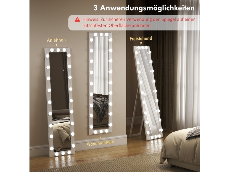 Miroir sur pied led 150x40 cm – blanc – 24 ampoules, 3 teintes, intensité réglable et mémoire active - Conforama D