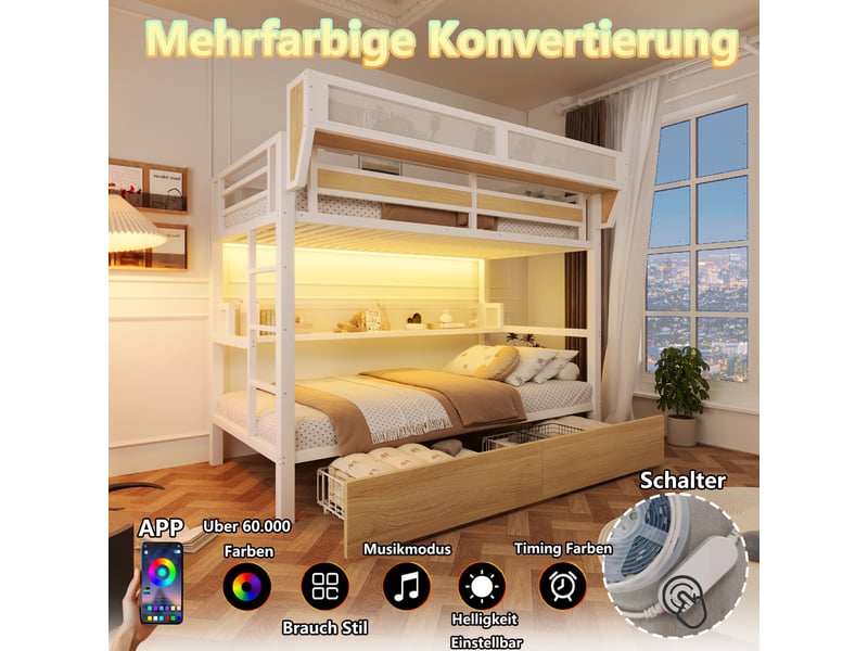  Lit mezzanine 90x200 cm blanc en métal, 2 tiroirs, étagère, panier de rangement et éclairage led, sans matelas  - Conforama E