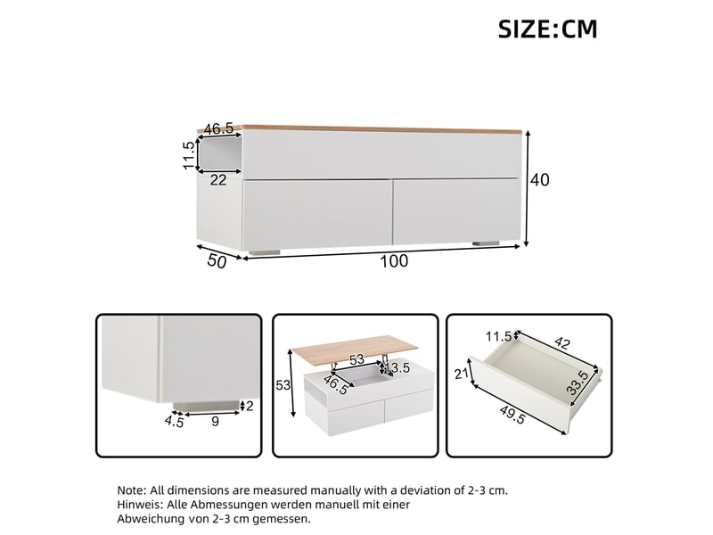  Table basse relevable 100x50x40 cm avec 2 tiroirs en panneaux de particules blanc  - Conforama E