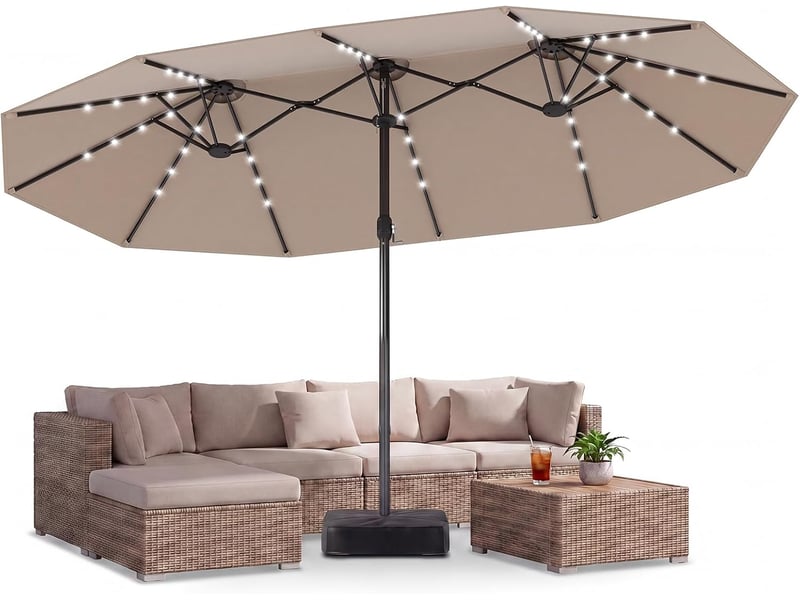 Parasol de jardin exterieur avec pied, 4,7x2,8m grand parasol double face avec led solaires, manivelle, 12 baleines, protection solaire,beige - Conforama A