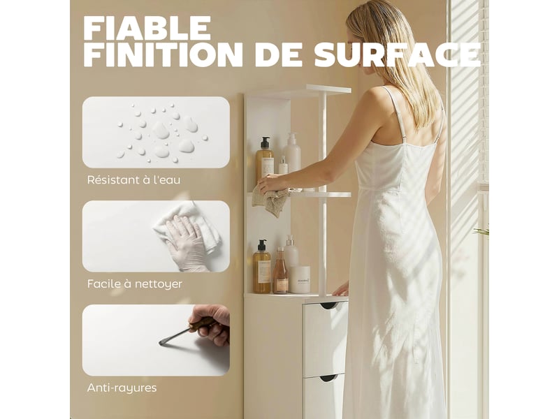  Meuble colonne salle de bain armoire de salle de bain avec tiroirs étagères ouvertes placard blanc 15 x 33 x 136,8 cm  - Conforama R