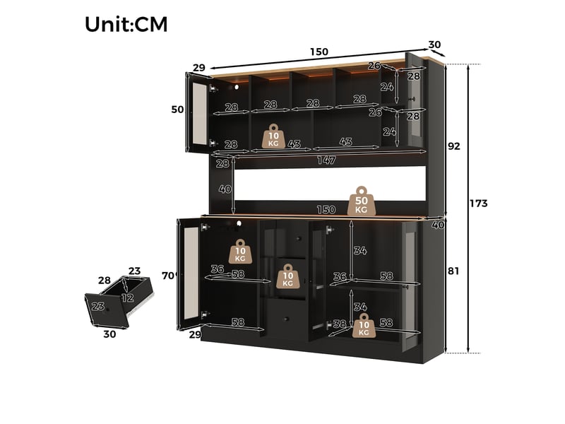 Colonne cuisine 150x40x173 cm, armoire haute avec led et prises, rangement avec 6 portes acrylique et 3 tiroirs, vitrine pour salon et salle à manger - Conforama C