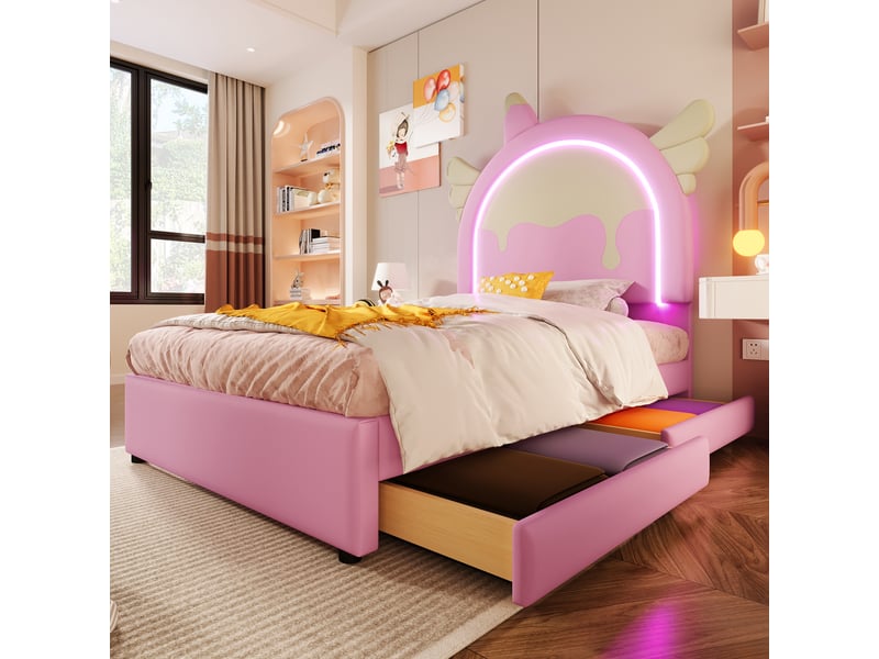 Lit rembourré rose 90x200 cm licorne avec led et 2 tiroirs de rangement - Conforama B