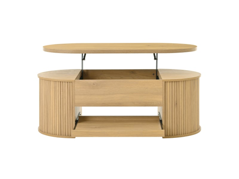  Table basse relevable, table basse avec côtés en bois incurvés, étagère coulissante, plateau relevable  - Conforama E