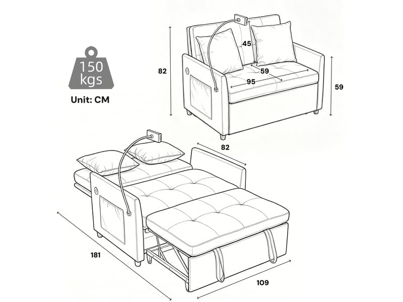  Canapé-lit une place modenvie convertible multifonctionnel avec port usb et support tablette 109 x 72 x 83,5 cm en tissu noir  - Conforama C