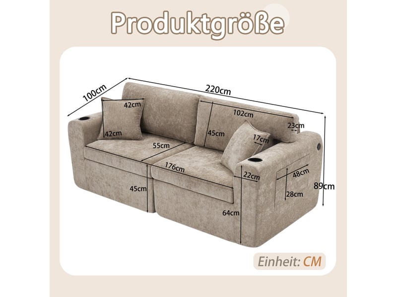  Canapé droit 2 pl 220x100x89 cm, coussins, porte-gobelet, rangement latéral, canapé salon petit espace, revêtement chenille marron  - Conforama C