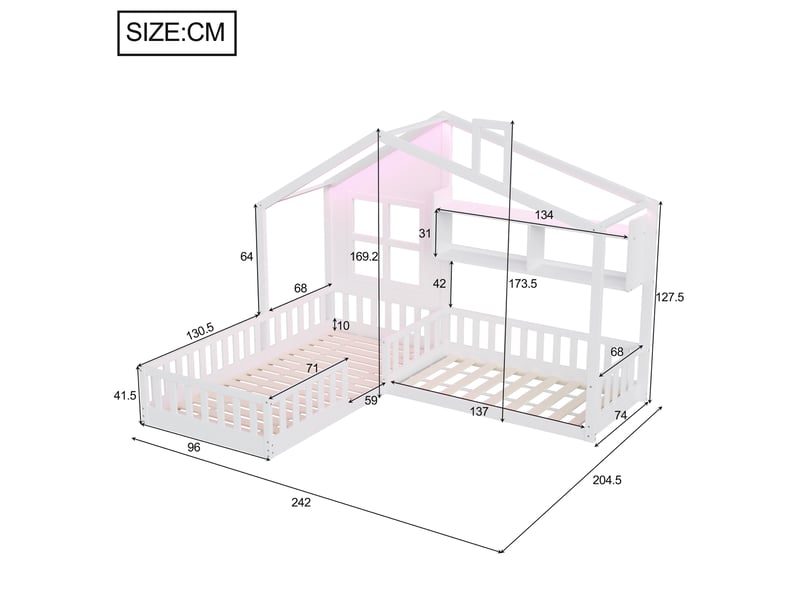  Lit enfant cabane 90 x 200 cm avec couchage 140 x 70 cm, rangements et led, blanc  - Conforama C