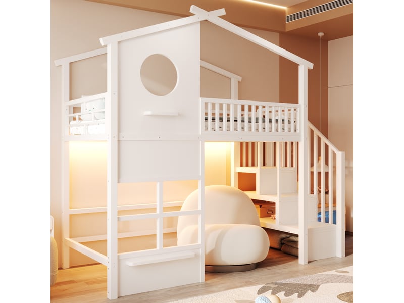 Lit mezzanine enfant 90 x 200 cm en métal, escalier avec rangement, garde-corps haut et éclairage led, blanc evarich - Conforama E