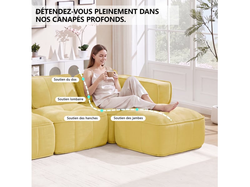 Canapé d'angle modulable 4 places avec pouf en polyester jaune - Conforama D