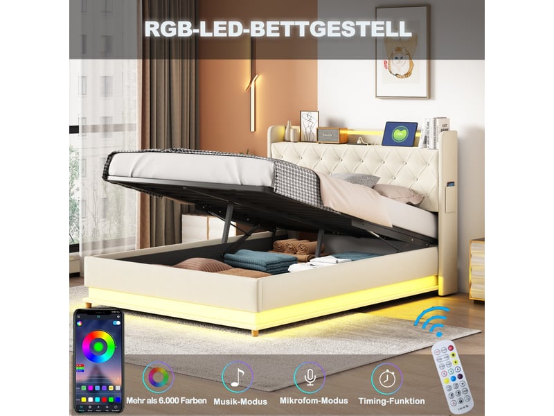  Lit capitonné led 140*200 cm beige, port usb et coffre hydraulique, tissu lin pour chambre  - Conforama C
