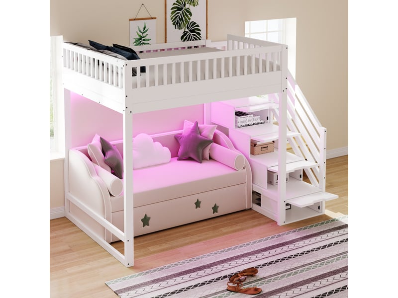 Lit mezzanine 140 x 200 cm - avec échelle de sécurité - avec barrières de sécurité - équipé de lumières led - blanc (matelas non inclus)  - Conforama D