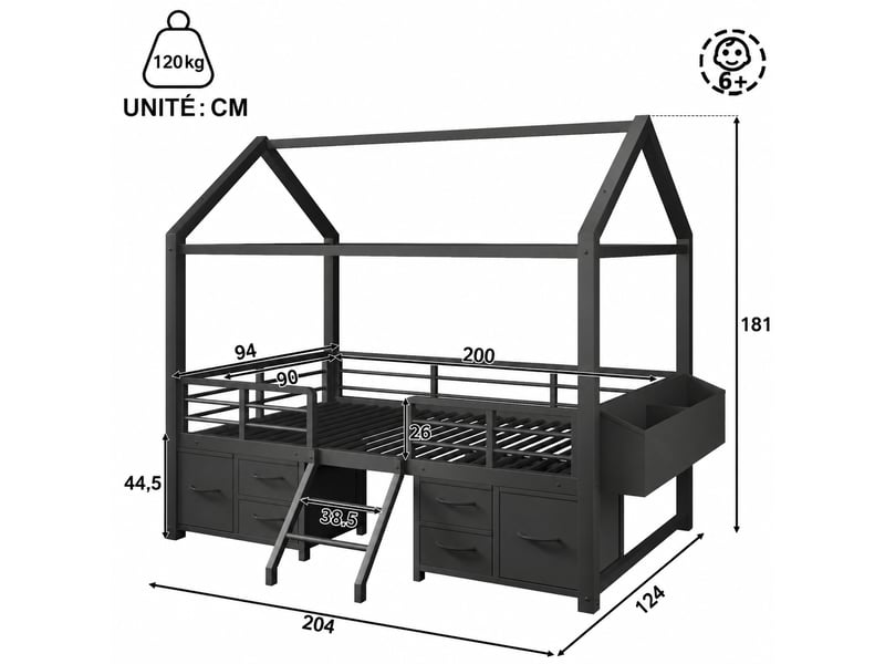  Lit mezzanine enfant cabane avec rangement et éclairage led, structure en métal, couchage 90 x 200 cm, noir  - Conforama C