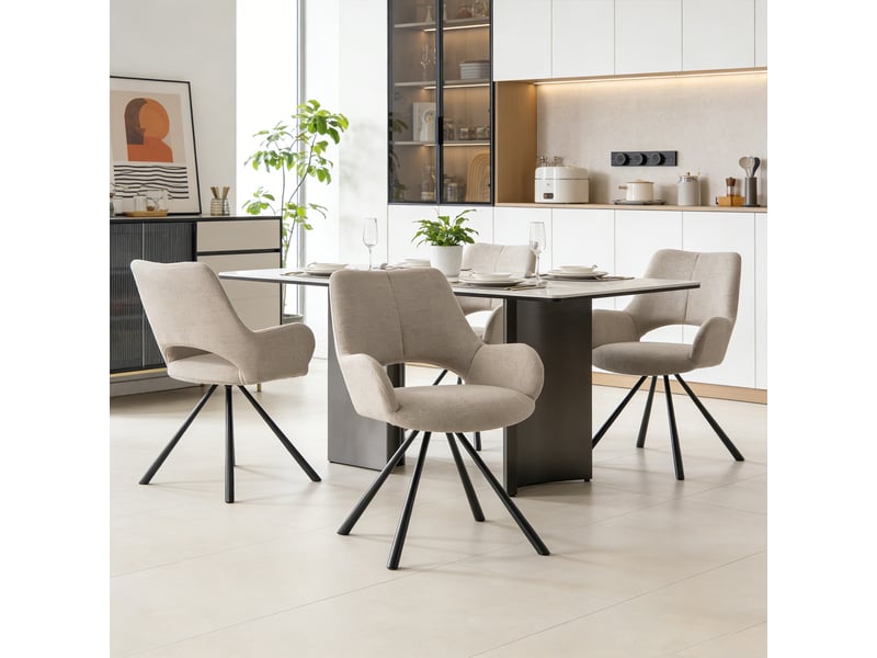  Lot de 4 chaise de salle à manger avec accoudoirs, pieds métal, beige  - Conforama C