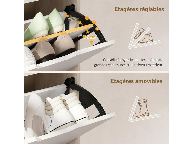  Meuble à chaussures 3 tiroirs rabattables 12 paires chêne et blanc 62,5 x 26 x 117,5 cm  - Conforama E