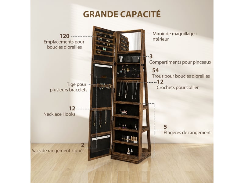  Armoire à bijoux pivotante verrouillable boîte à bijoux avec miroir - armoire bijoux multi-rangement - brun rustique  - Conforama E