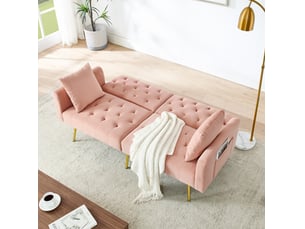 Canapé convertible 2 places 177x78x74 cm rose velours, dossier réglable 3 positions avec 2 coussins