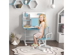 Ensemble bureau et chaise réglables pour enfants, bureau scolaire avec plateau inclinable, tiroir et étagère, bleu