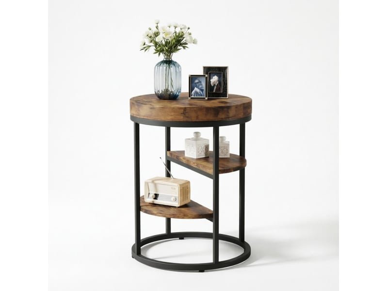  Table d'appoint ronde à 3 niveaux en bois et métal noir, marron rustique, diamètre 50 cm, style design  - Conforama A