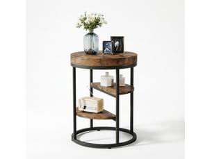 Table d'appoint ronde à 3 niveaux en bois et métal noir, marron rustique, diamètre 50 cm, style design