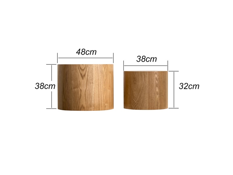 Lot de 2 tables basses gigognes - ø48x38cm et ø38x32cm - tables rondes tambour en bois motif cernes d'arbre - naturel - Conforama E