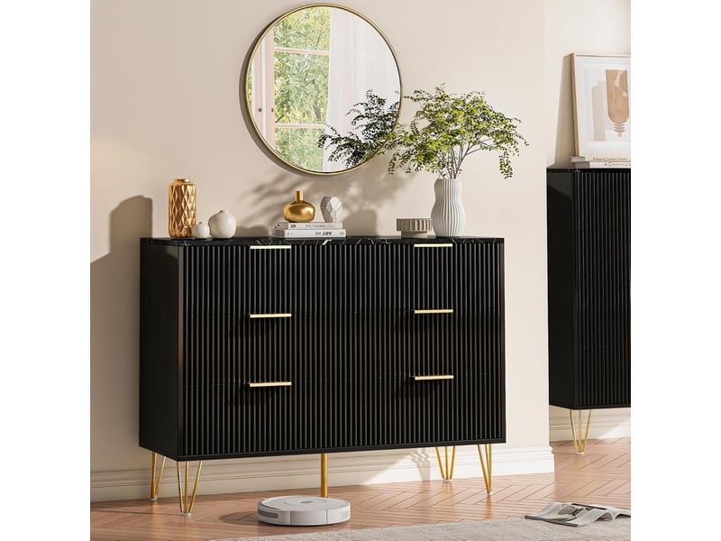  Commode à 6 tiroirs pour la chambre, modèle moderne en bois rainuré avec poignées dorées, meuble à effet marbre pour l’entrée (noir)  - Conforama B