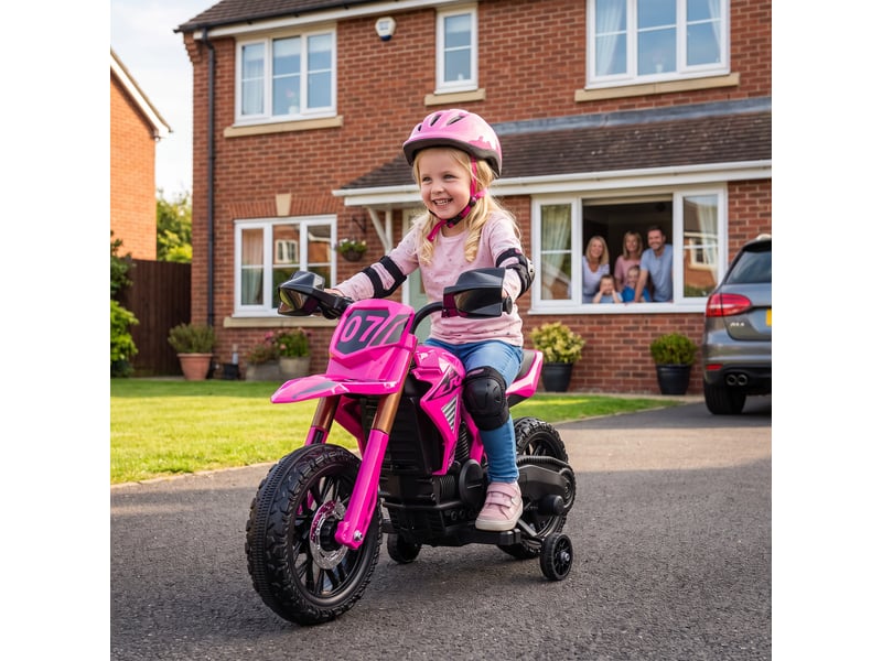  Moto électrique pour enfants, 12 v, avec stabilisateurs, klaxon et bruit de démarrage, 3 kmh, rose  - Conforama D