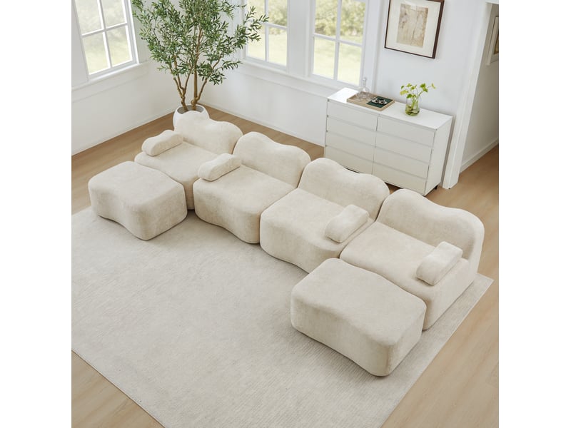 Canapé d’angle modulable u 4 places 384x167x70 cm, assise profonde, mousse 32d, 2 poufs, velours, beige - Conforama B