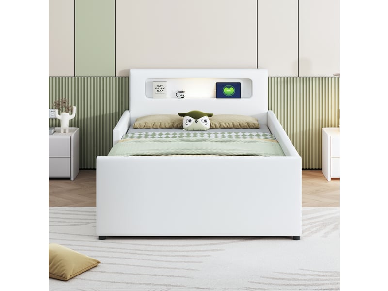  Lit enfant rembourré 90 x 200 cm avec veilleuse, port usb, tiroir et côtés surélevés, similicuir blanc Fay Lum - Conforama D