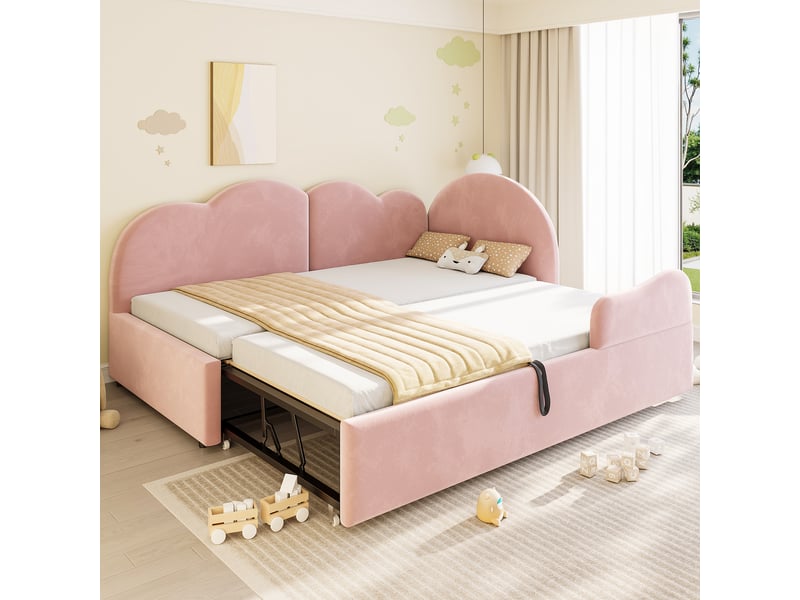 Lit superposé en l 90x200+90x190 cm, tête de lit nuage, velours rose, sans matelas - Conforama B