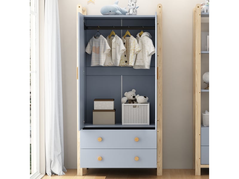 Armoire penderie 2 portes 90x45x180 cm avec 2 tiroirs et barre de penderie, cadre en pin et corps en panneaux de particules - blue et naturel - Conforama E