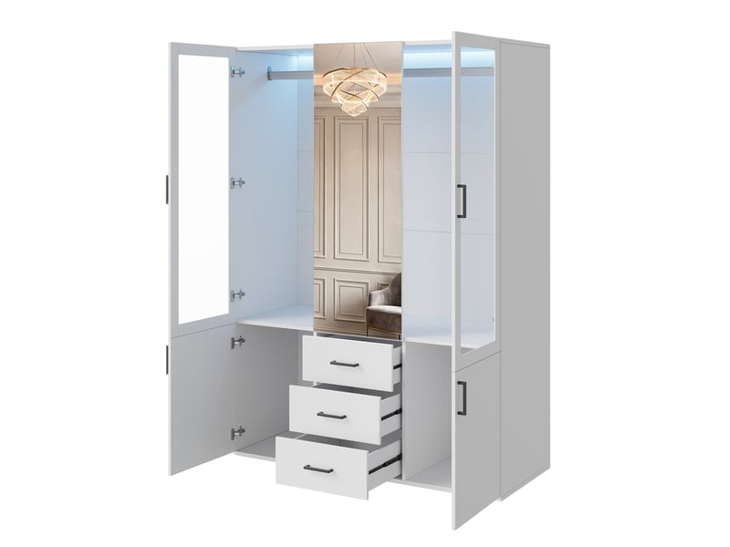  Armoire dressing avec miroir 130x52x182 cm, 2 portes en verre transparent et éclairage led intégré, 2 tringles pour vêtements, 3 tiroirs centraux sur rails, 2 portes inférieures, meuble de rangement pour chambre à coucher, garde…  - Conforama W