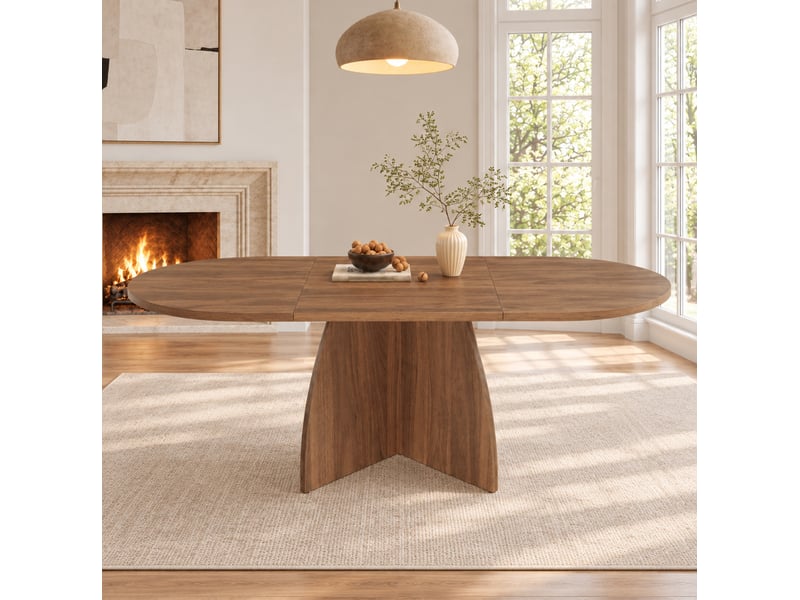 Table de salle à manger extensible pour 4 à 8 personnes, angles arrondis, style moderne, en mdf, coloris noyer - Conforama D