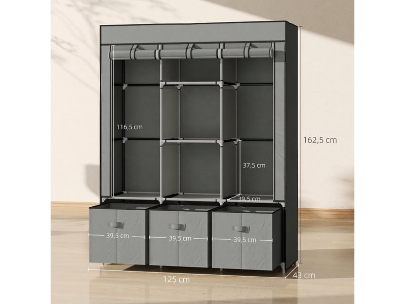  Armoire en tissu gris clair avec 2 tringles et 3 tiroirs, penderie pliante anti-poussière, 125x43x162,5 cm  - Conforama C