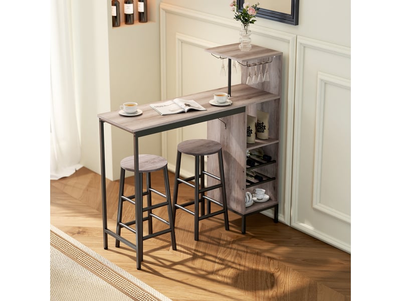  Ensemble table bar 3 pièces avec rangement, casiers bouteilles, porte-verres, tabourets repose-pieds, petits espaces, gris.  - Conforama C